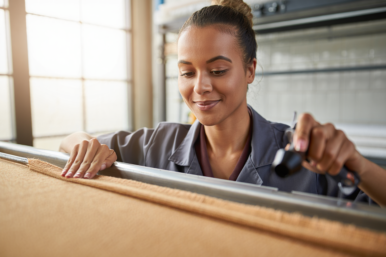 Veluria uzman teknisyeni atölyede yün halı liflerini inceliyor