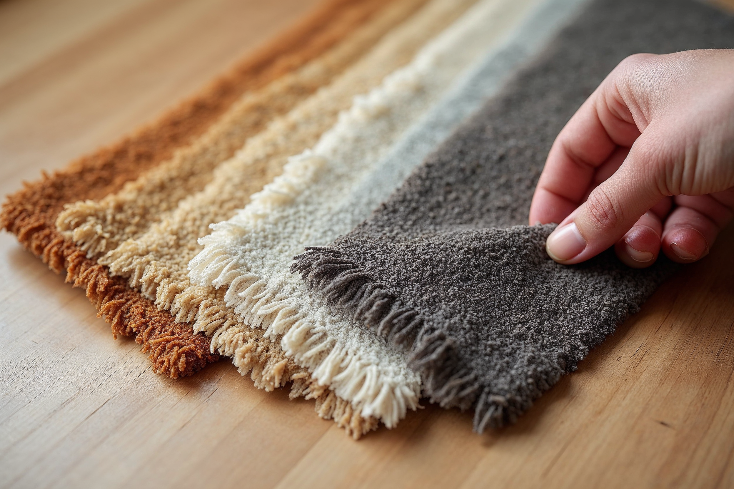 Farklı doku ve renklerde halı kumaş numuneleri meşe ahşap yüzeyde