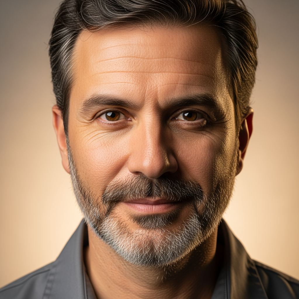 Halı uzmanı Tolga güler yüzlü stüdyo portresinde