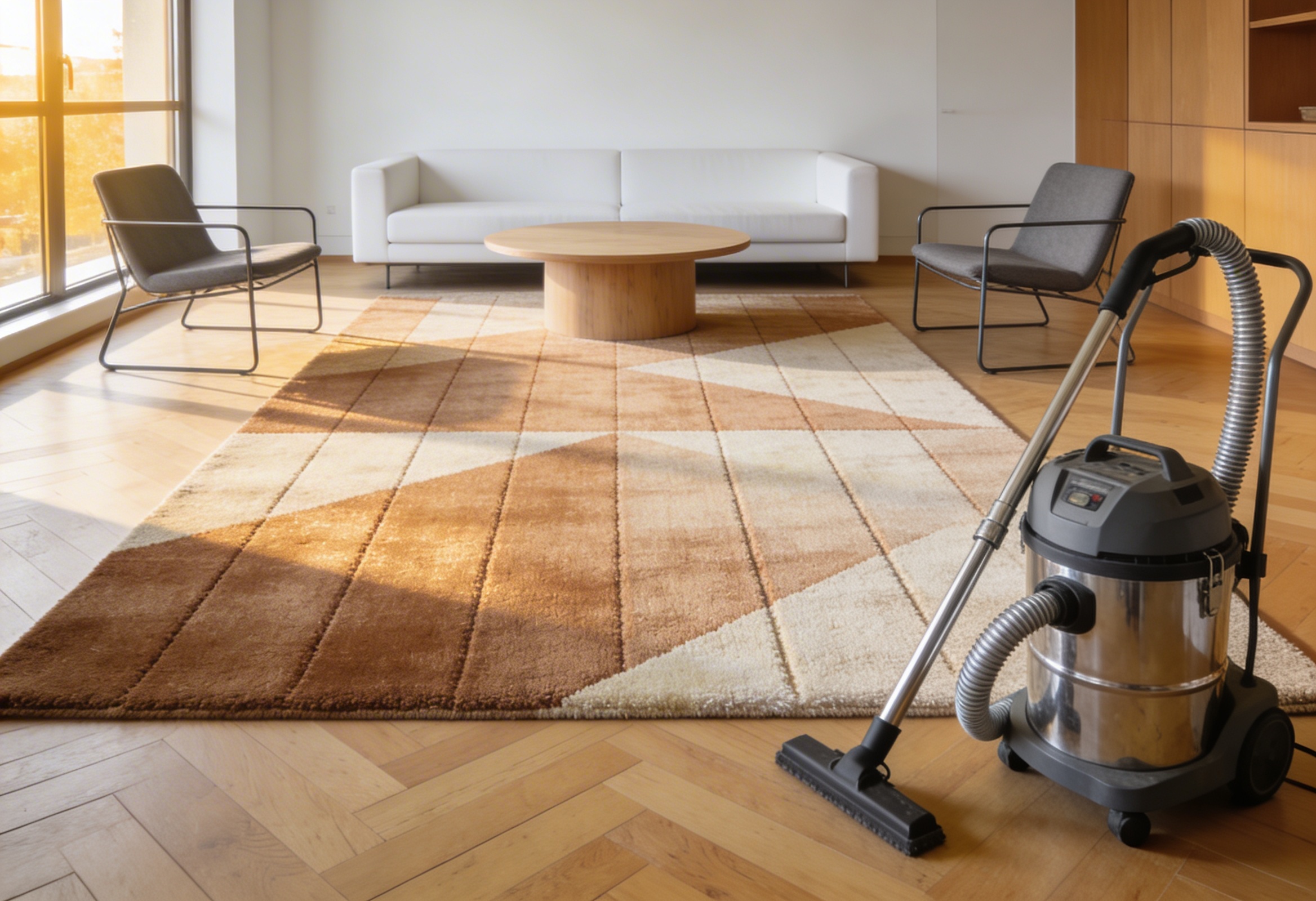 Temizlenmiş büyük salon halısı modern İstanbul dairesinde